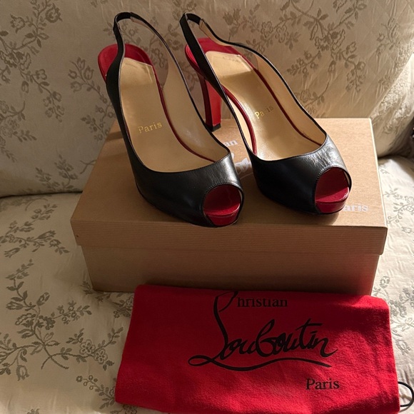 Christian Louboutin Black and Red Peep-Toe Heels 38.5 - Picture 1 of 17